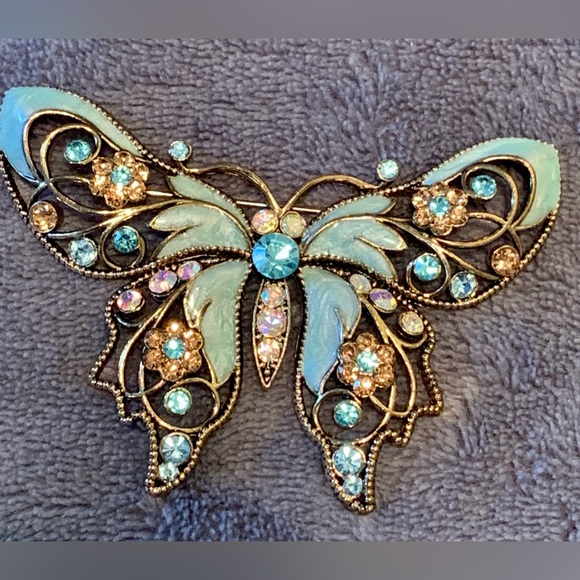 Vintage lot of 2 Butterfly pins brooch Avon light blue green yellow sparkle - Picture 10 of 16